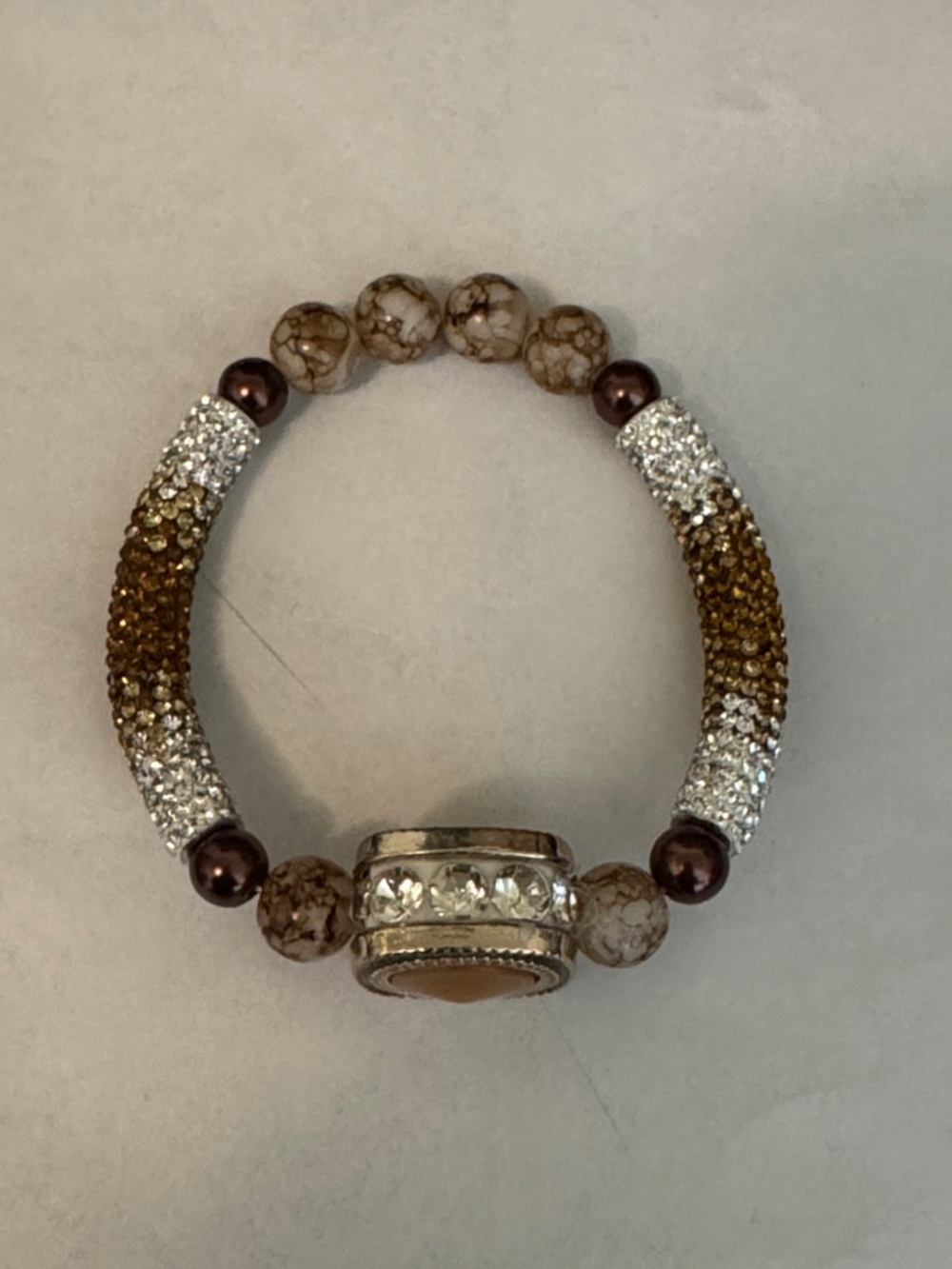Crystal-Accented Brown Beaded Stretch Bracelet